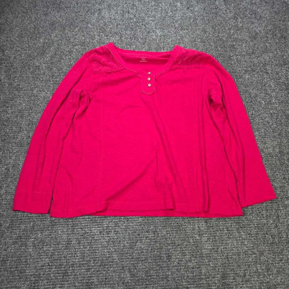 Eddie Bauer Lace Shoulder Henley Top Women's Size XXL Raspberry Pink Long Sleeve